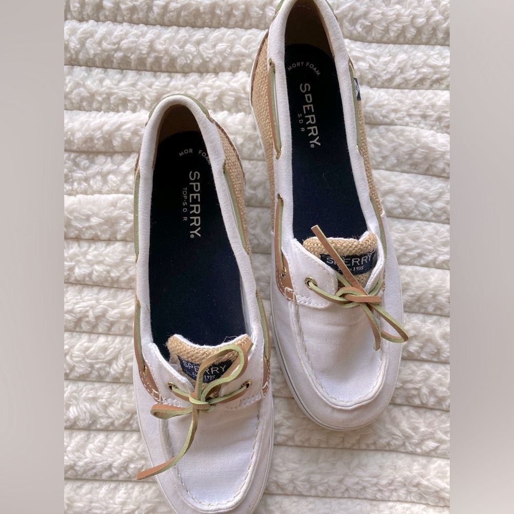 Sperry Top-Sider Women’s Boat Shoes Size 8.5M White Canvas & Tan Leather - Picture 5 of 9